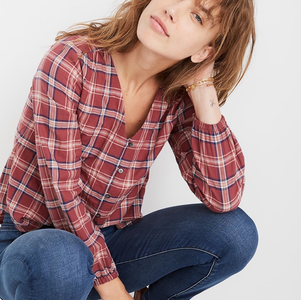 Madewell V-neck Button Down Top in Stratford Plaid